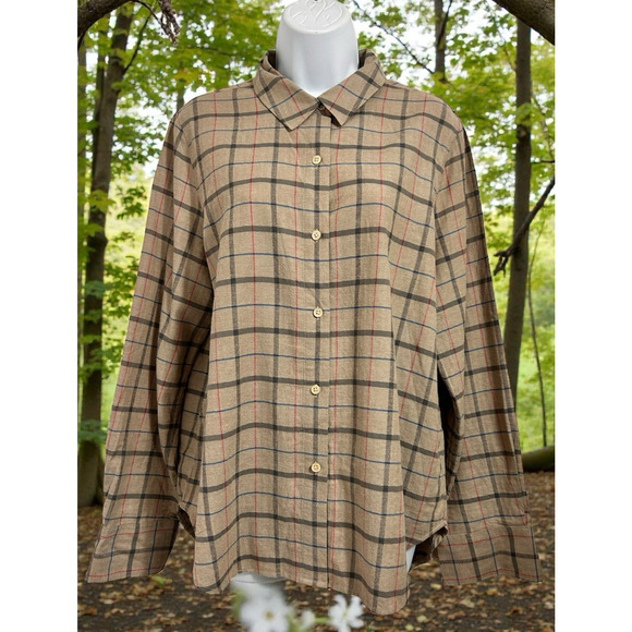 Jenni Kayne Brown Plaid Button Front Shirt Sz Medium Long-Sleeve 100% Cotton - Picture 4 of 5